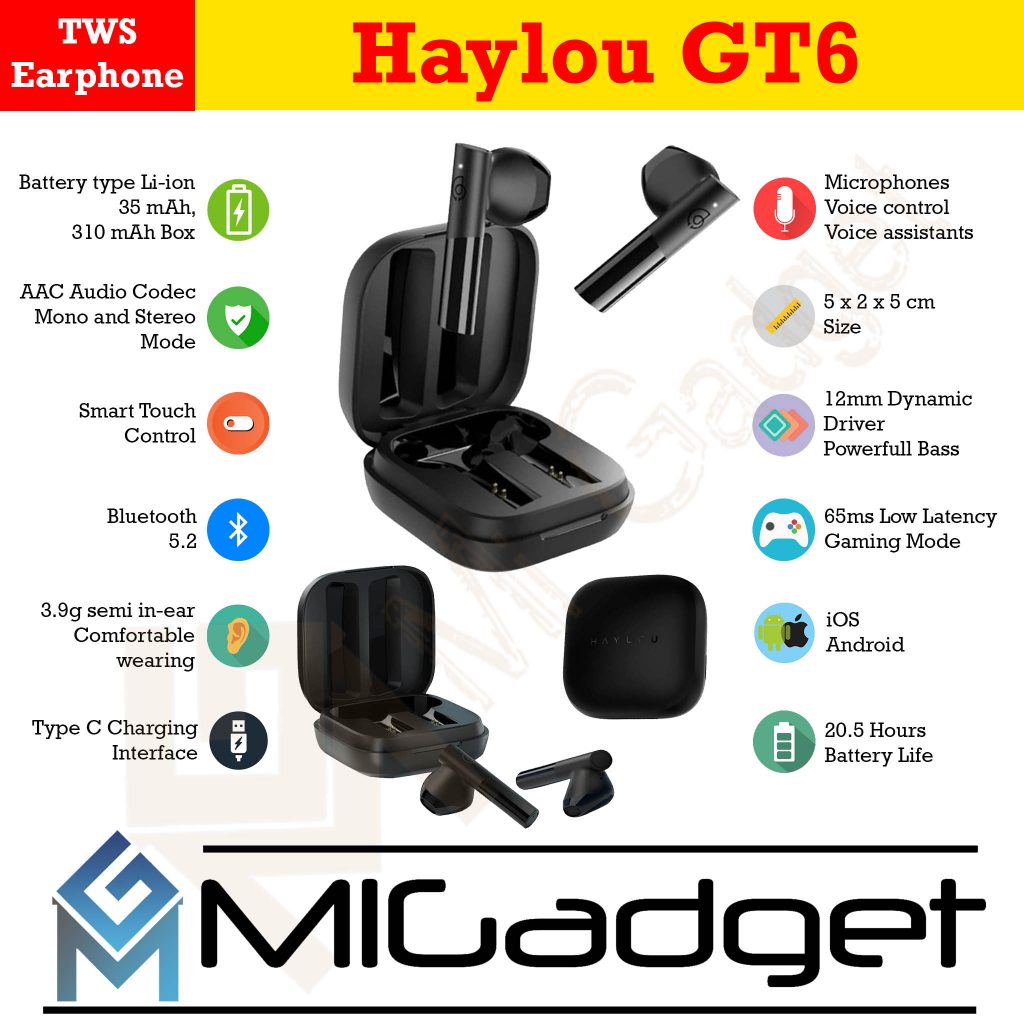 Haylou GT6 GT 6 TWS Bluetooth Headset Earbuds Mi Gadget Malang