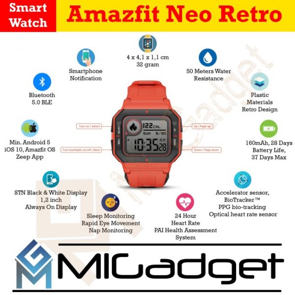 Amazfit Neo Retro Smartwatch Heart Rate Baterai 28 Hari – Mi Gadget Malang