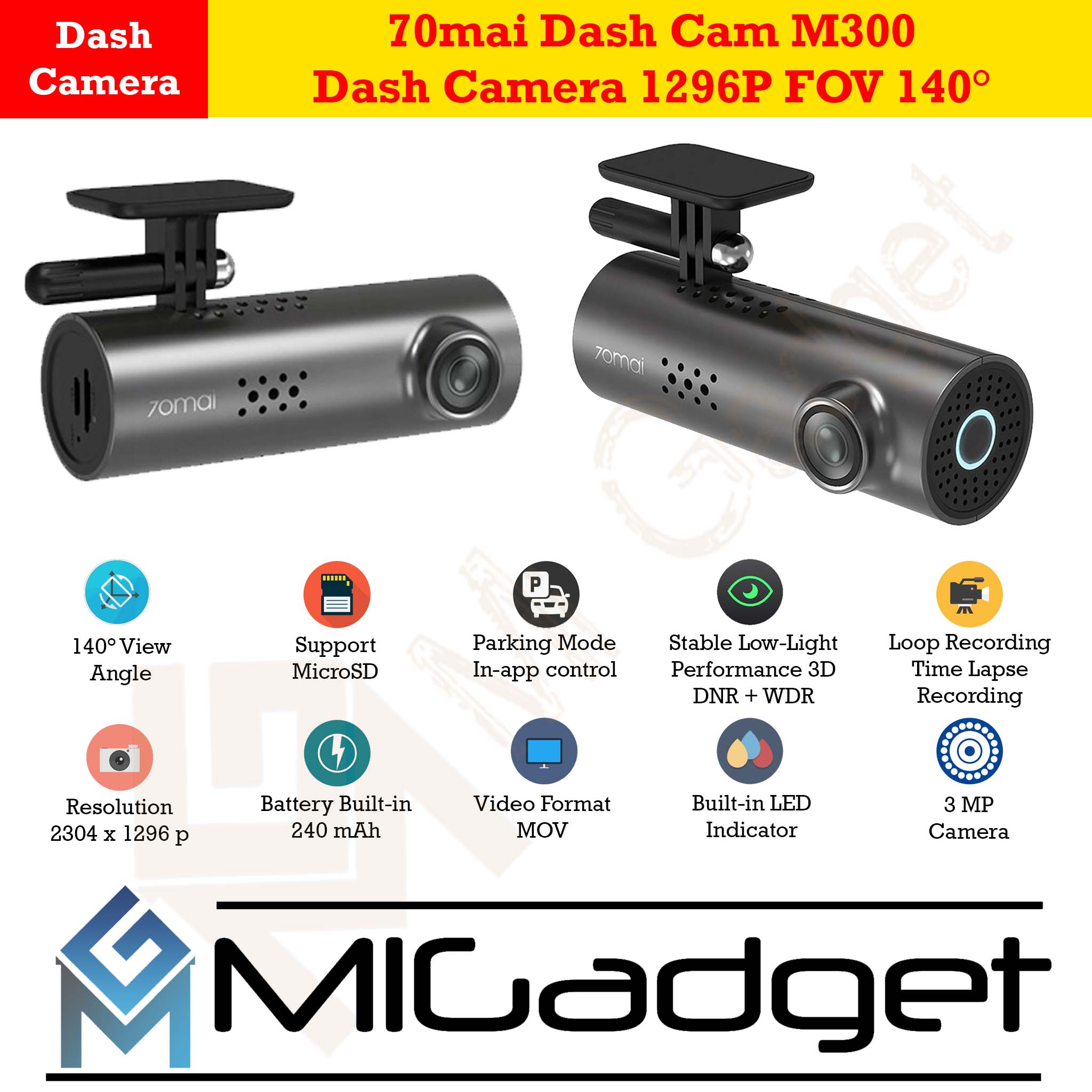 70mai Dash Cam M300 Car Camera - 1296p, 240mAh