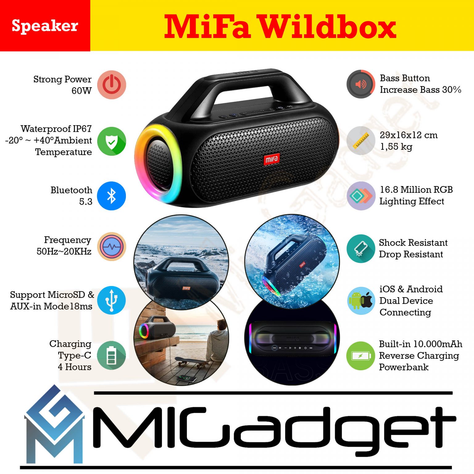 MiFA Wildbox Wild Box 60W Bluetooth Speaker Waterproof with Powerbank ...
