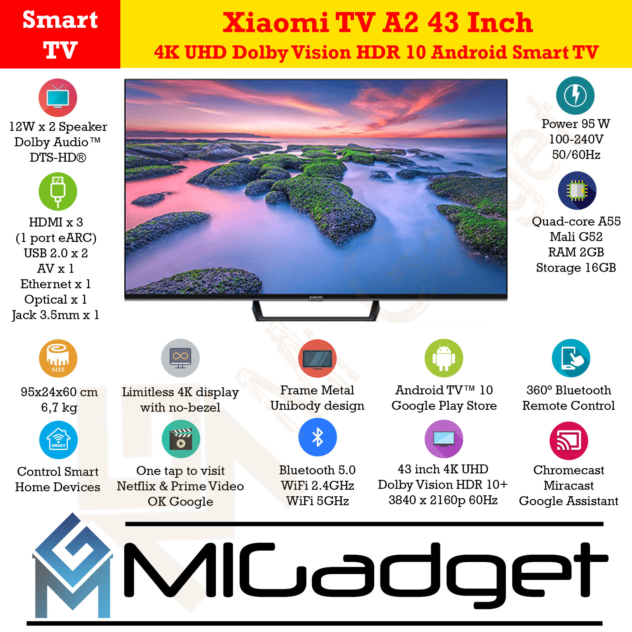 Xiaomi Mi LED TV A2 A 2 43 Inch 4K UHD Dolby Vision HDR 10 Android Smart TV  - Mi Gadget Malang