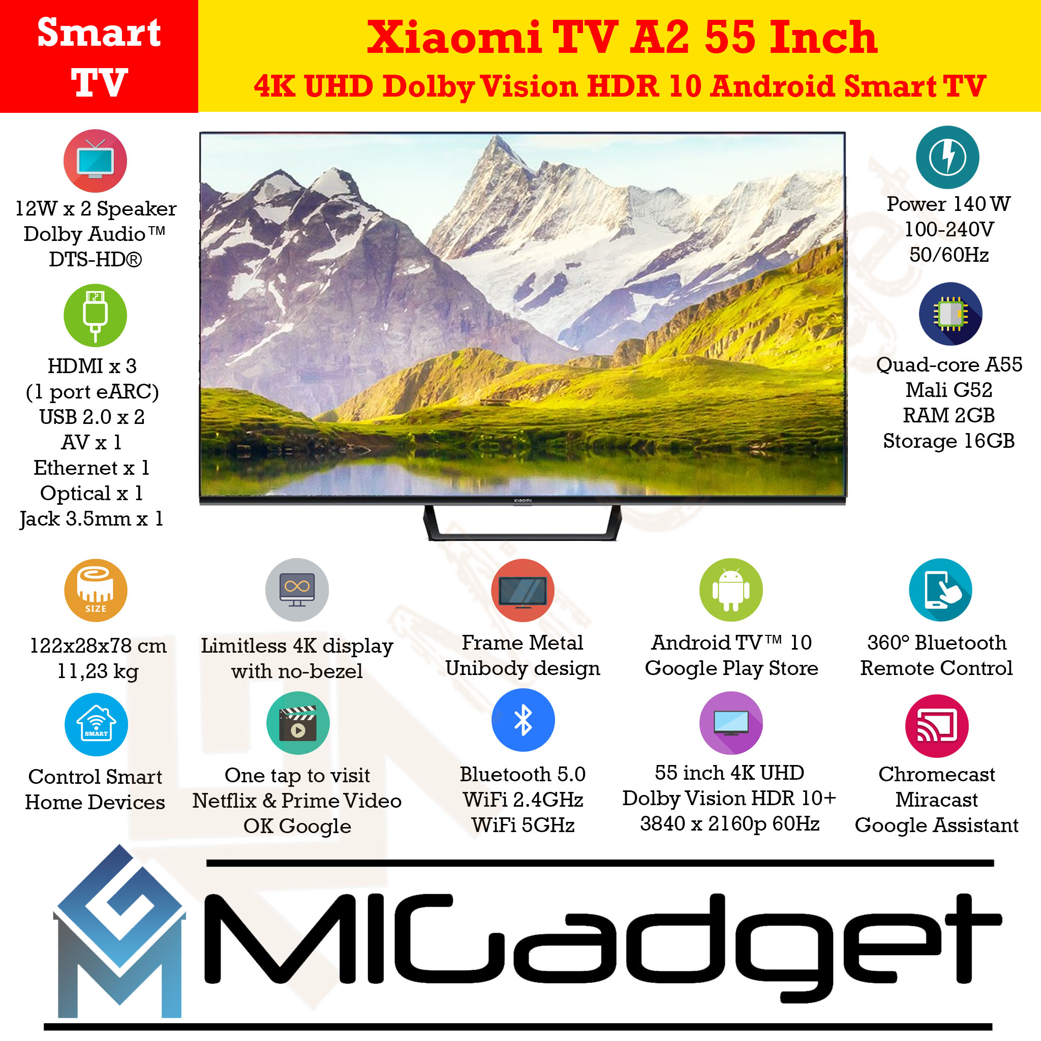 Xiaomi Mi LED TV A2 A 2 55 Inch 4K UHD Dolby Vision HDR 10 Android Smart TV  - Mi Gadget Malang
