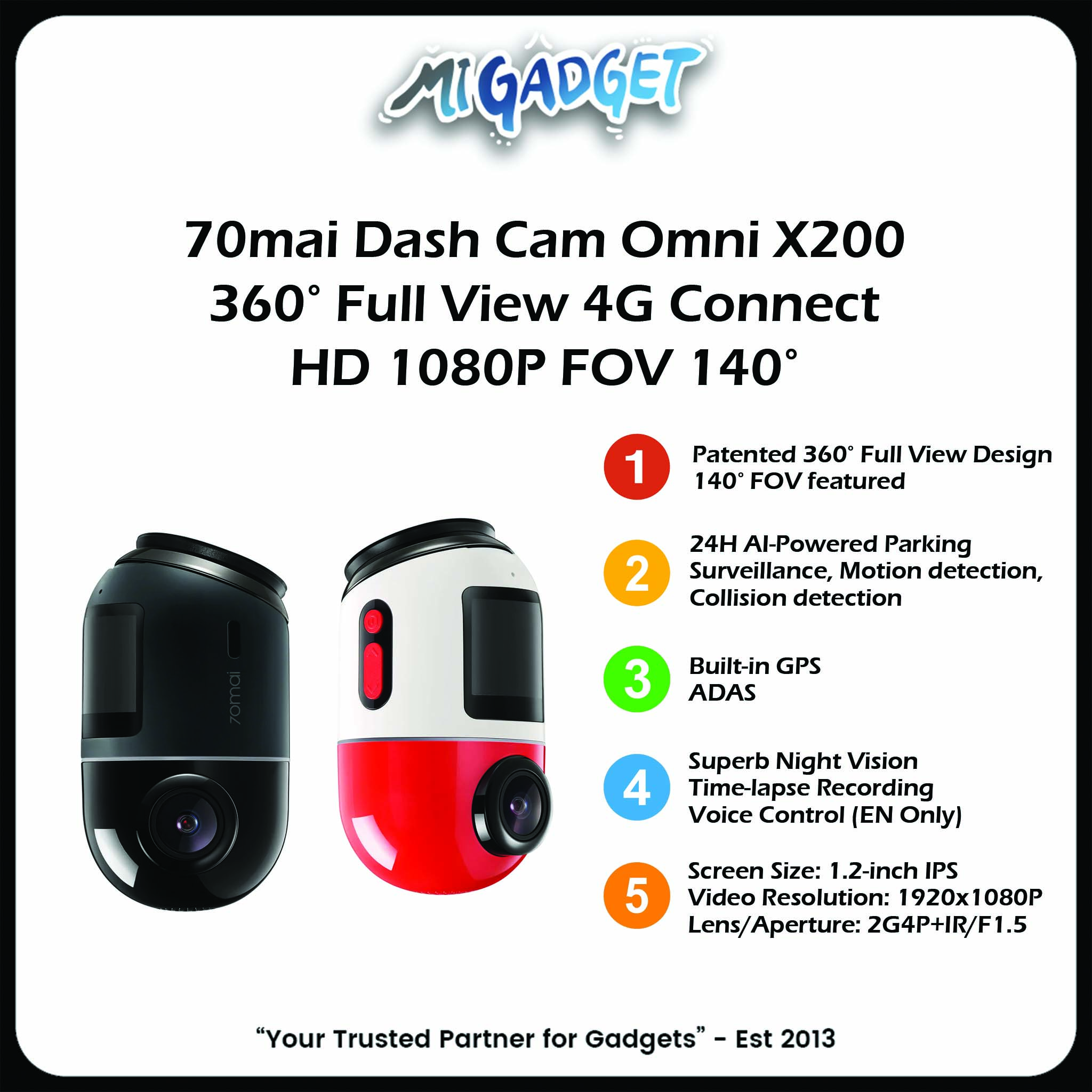70mai Dash Cam Omni X200 360° Full View 4G Connect HD 1080P FOV