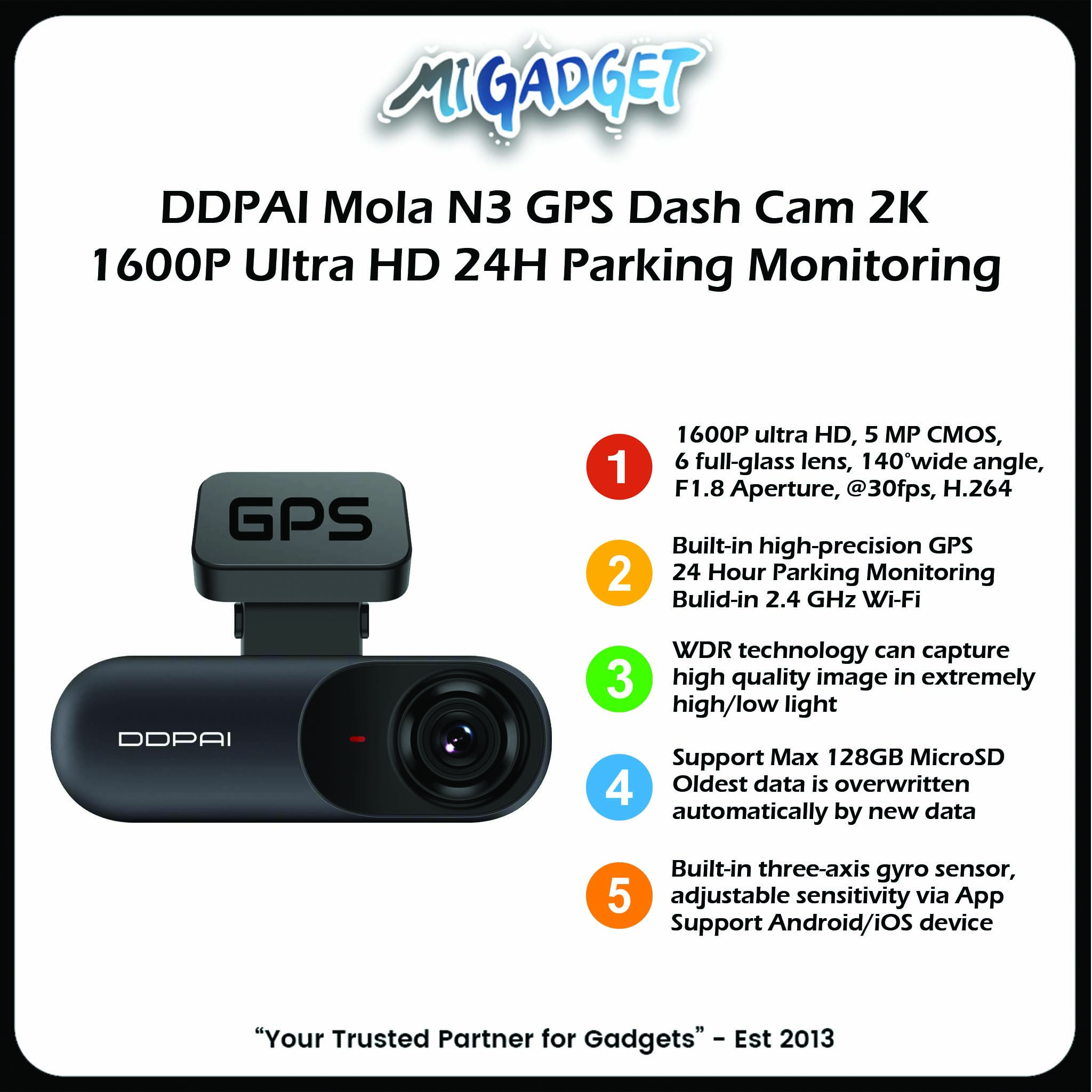 DDPAI Mola N3 Dashcams Car Dash Camera with GPS Bracket, 2K+ 1600P UHD  Resolution, WiFi, Up to 128GB Storage 