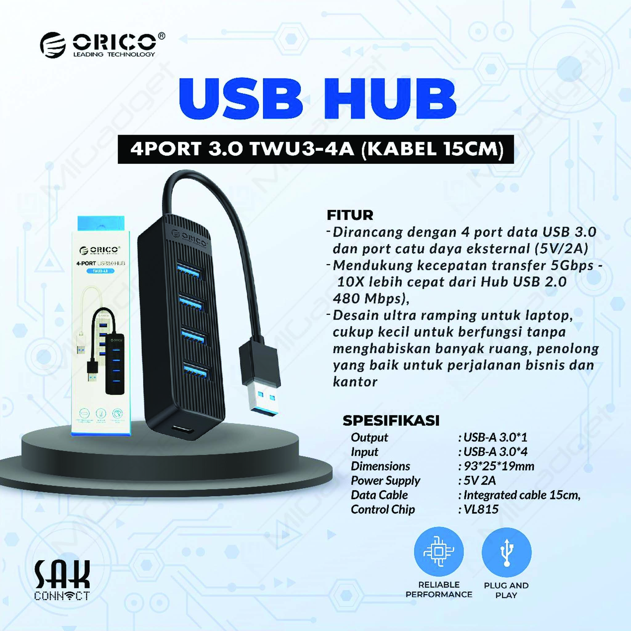 USB 3.0 hub with 4 USB-A ports - additional USB-C power supply - black -  Orico