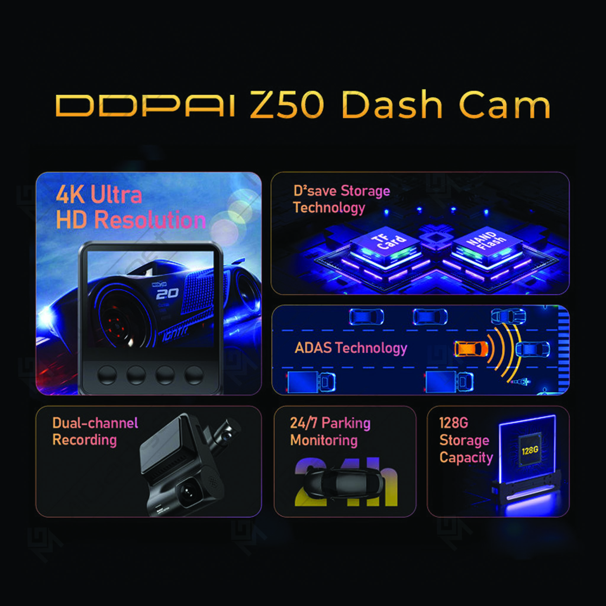 DDPAI Dash Cam Z50 Front and Rear 4K, Cam Car Camera with 2160P Front  +1080P Rear, Built-in WiFi GPS, Dual Dash Camera for Cars
