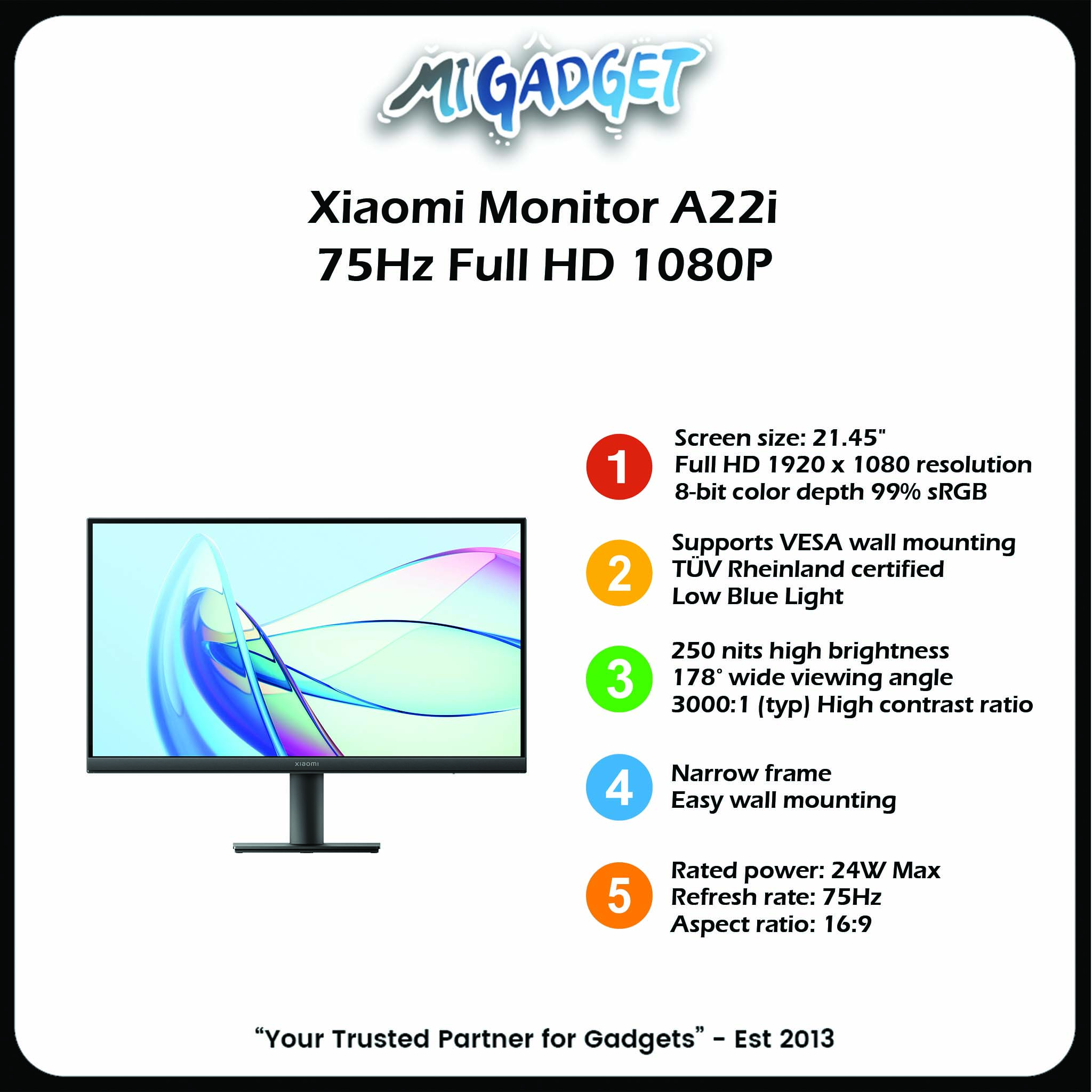 Xiaomi Monitor A22i 75Hz Full HD 1080P - Mi Gadget Malang