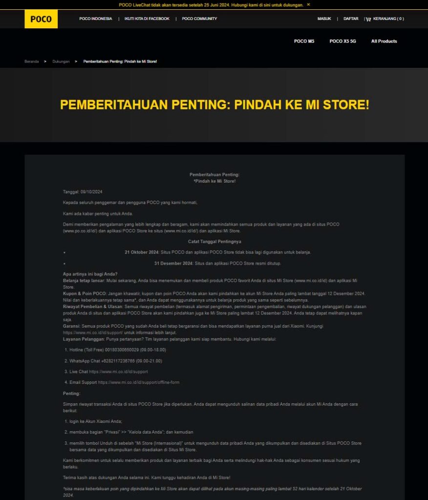 Pemberitahuan Penting Website POCO Indonesia Tutup