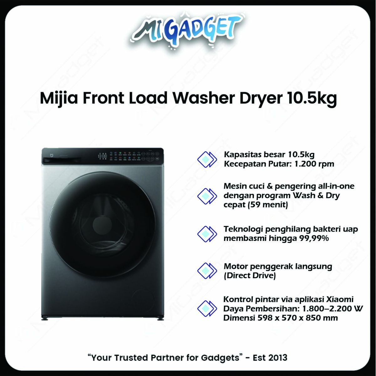 Xiaomi Mijia Front Load Washer Dryer 10.5kg Mesin Cuci Pintar Pengering Cepat Hemat Energi Anti Bakteri - Image 3