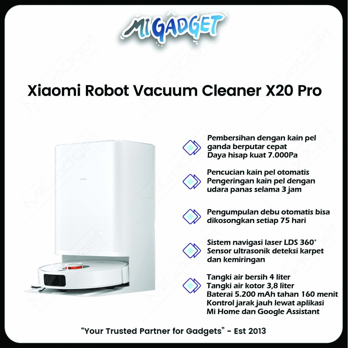 Xiaomi Robot Vacuum Cleaner X20 Pro Pembersih Lantai Otomatis Penghisap Debu Pengering Pel Pintar - Image 3