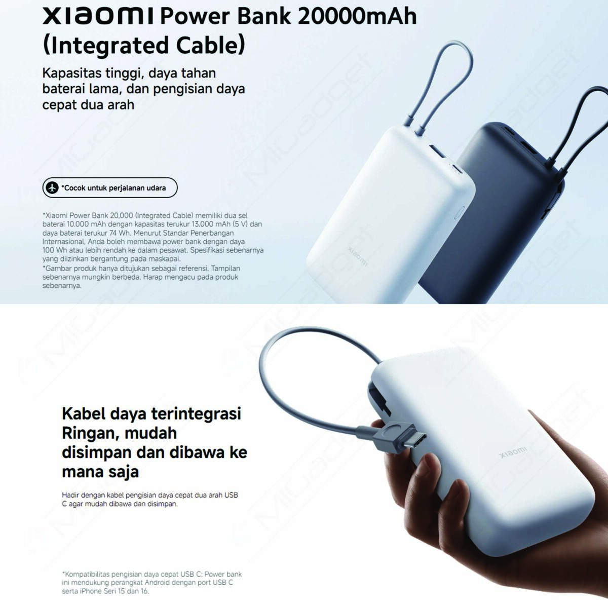 Xiaomi Power Bank 20000mAh Integrated Cable USB C Fast Charging 22.5W - Image 4